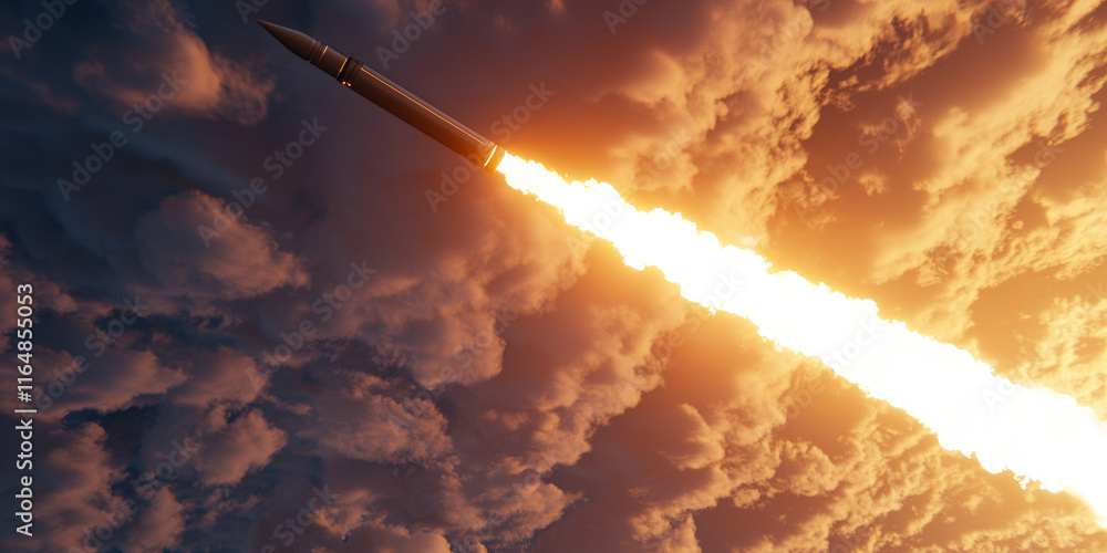 Fototapeta premium Rocket launch with fiery exhaust against dramatic sky at sunset