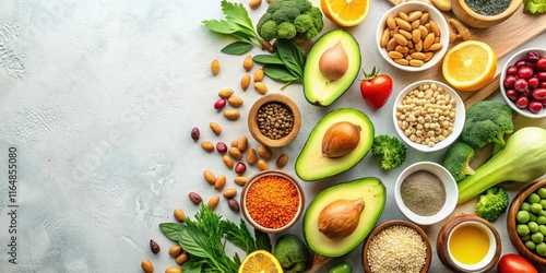 Wallpaper Mural A vibrant array of healthy plant-based foods including legumes, seeds, vegetables, and fruits, arranged on a textured surface. Torontodigital.ca