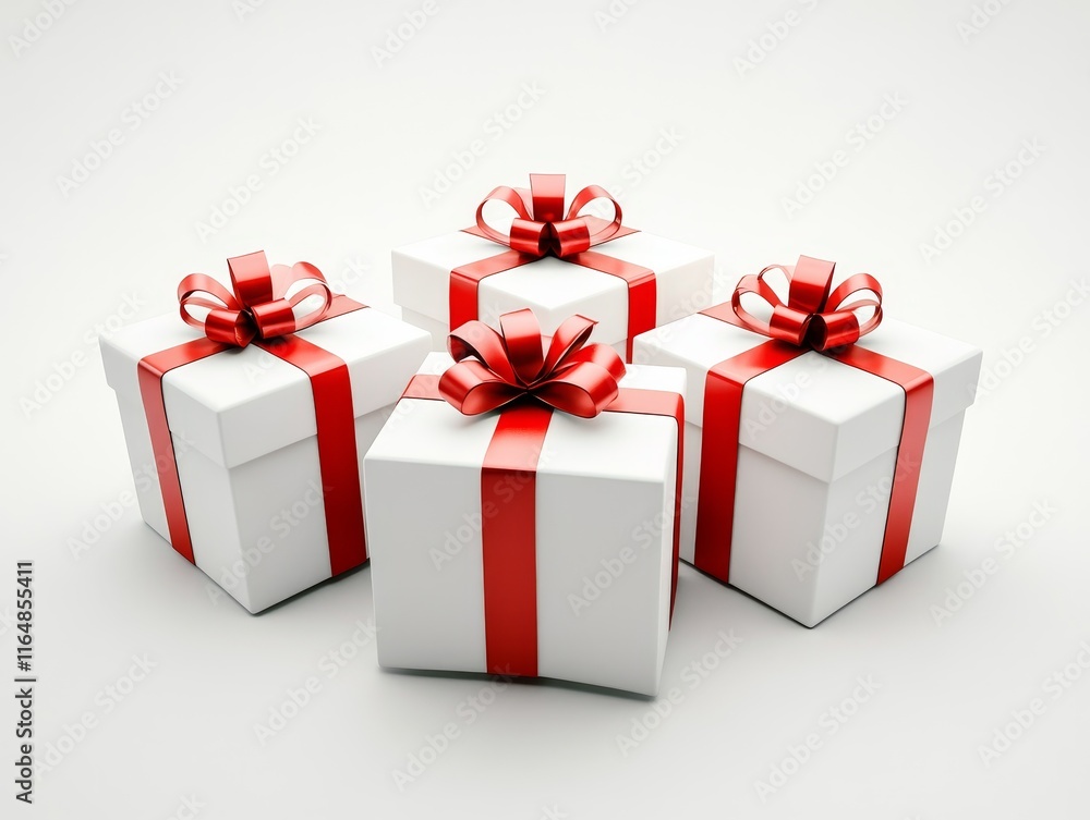 Four white gift boxes with red ribbons and bows. (1) Four white gift boxes with red ribbons and bows. (1)