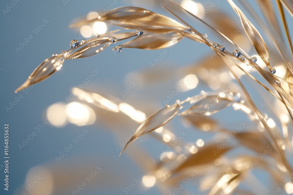 Fototapeta premium Glass plant with dew drops, bokeh lights.