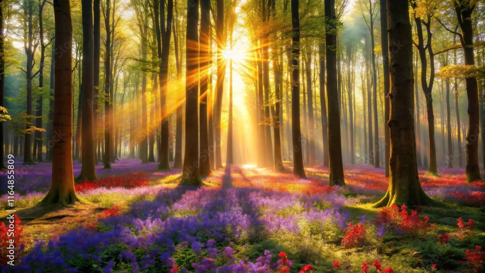 Obraz premium Golden Sunlight Illuminates a Magical Forest Floor of Vibrant Blossoms