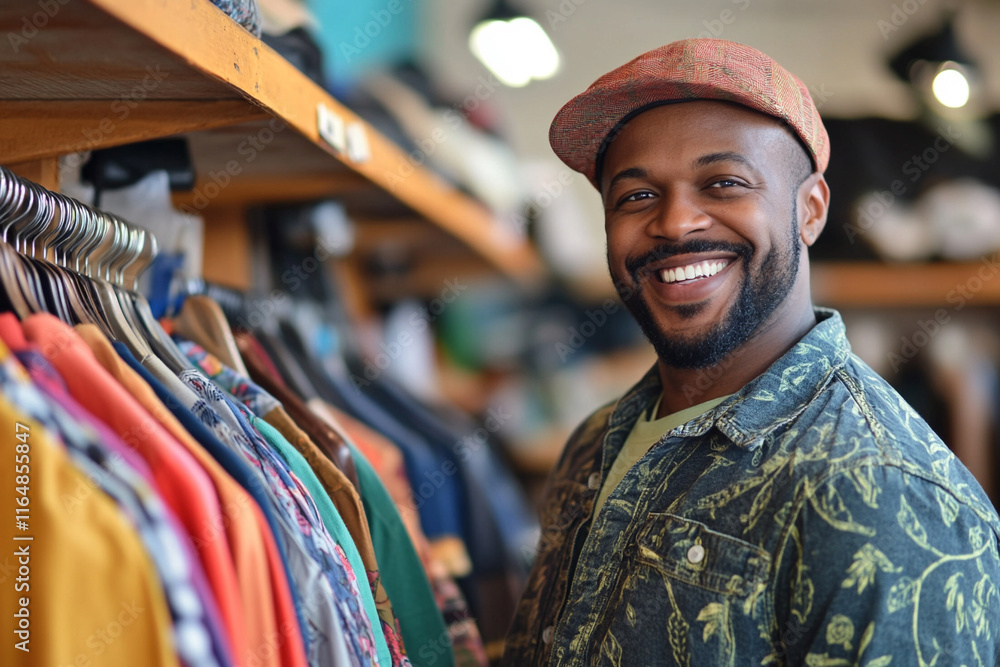 Smiling diverse man browsing colorful clothes at a thrift store