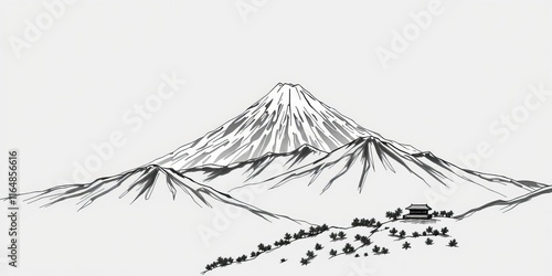 Scenic mountain landscape with oriental line art style, featuring rolling hills, trees, and a serene atmosphere, oriental, sketch, nature photo