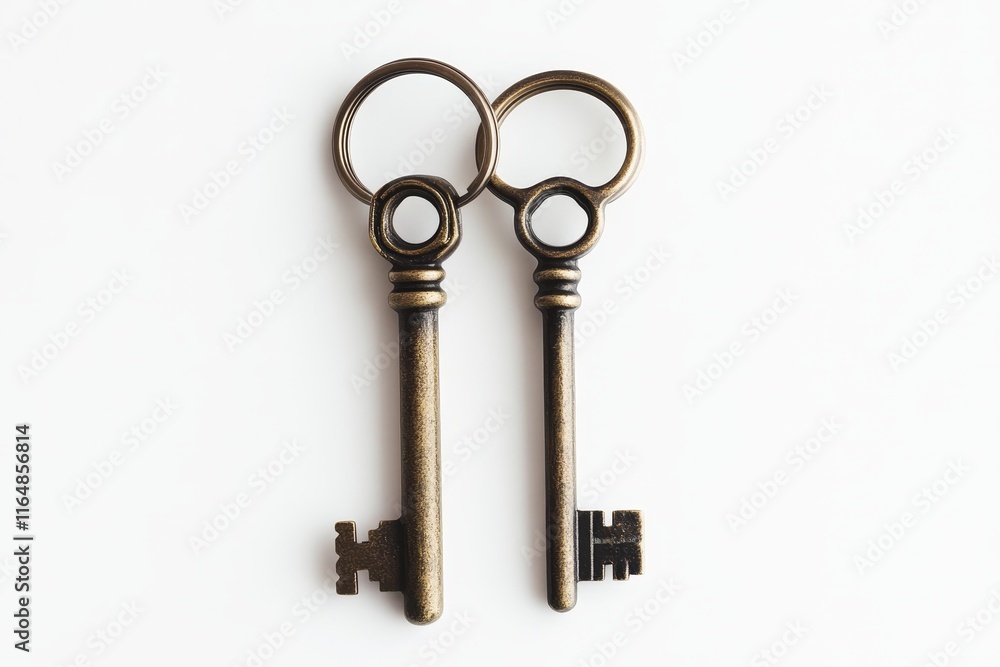 Two antique brass keys on white background. Two antique brass keys on white background.