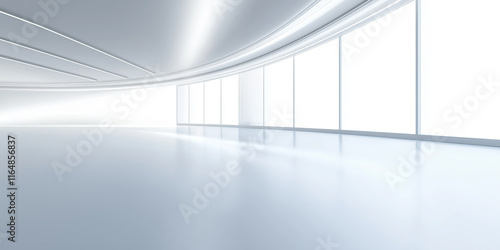 Fototapeta Naklejka Na Ścianę i Meble -  Empty space inside futuristic room, showroom, spaceship, hall or studio in perspective. Include ceiling, hidden light, white floor and abstract shape. Modern interior background of future, technology.