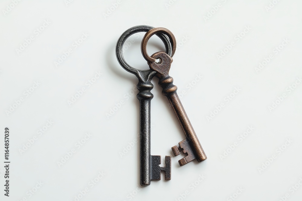 Two antique keys linked together on white background. Two antique keys linked together on white background.