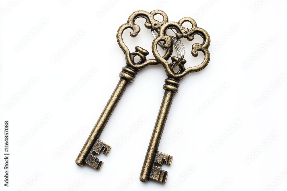 Two antique brass keys with ornate detailing on a white background. Two antique brass keys with ornate detailing on a white background.