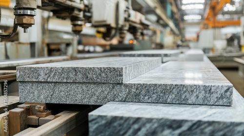 Granite slabs being shaped into countertops by CNC machines in a modern production line.