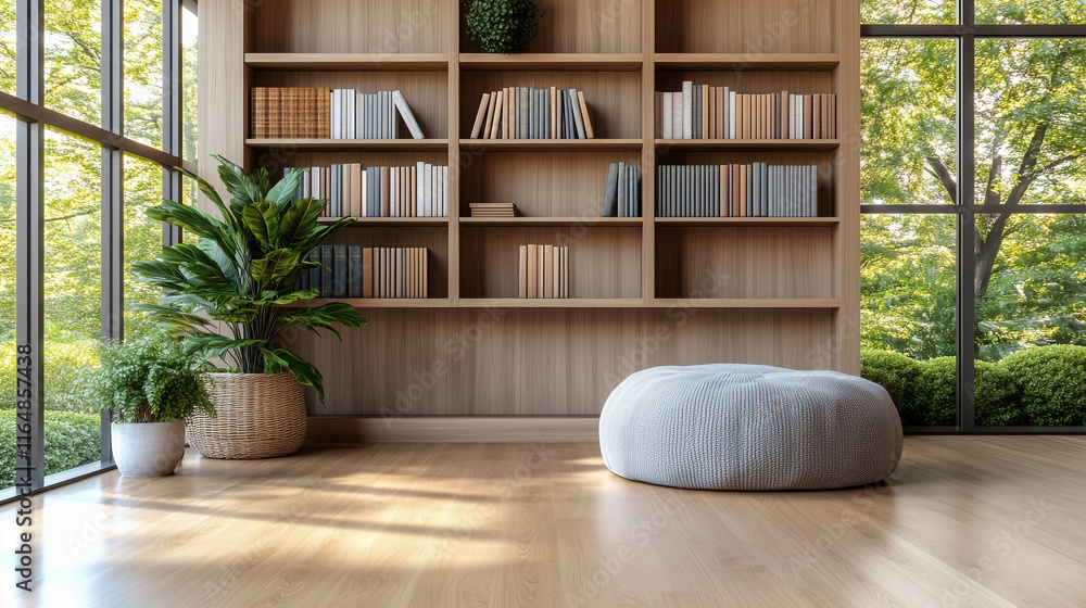 Cozy interior with plant, bookshelves, and soft pouf in natural light Cozy interior with plant, bookshelves, and soft pouf in natural light