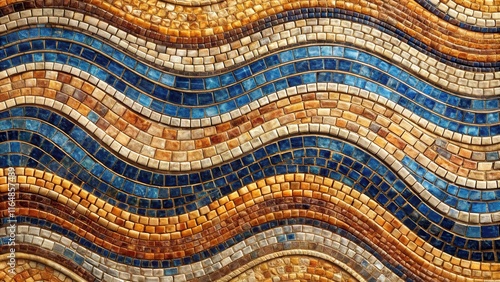 Abstract undulating mosaic tile pattern in earthy tones and blues
