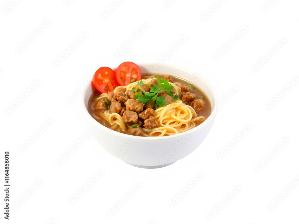 Yummy noodles soup with minced meat, garnished with fresh vegetables in a gray background, isolated, meal, dinner