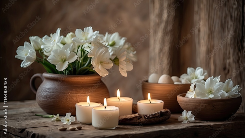 For a comfortable, peaceful spa experience, a warm candlelight setting with white flowers and rustic crockery is perfect. For a comfortable, peaceful spa experience, a warm candlelight setting with white flowers and rustic crockery is perfect.