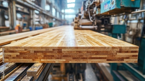 Laminated wood panels being pressed and polished by industrial machinery in a modern timber factory.