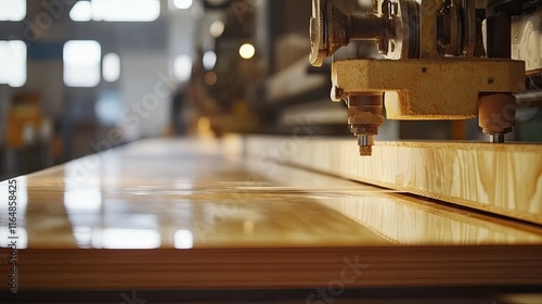 Laminated wood panels being pressed and polished by industrial machinery in a modern timber factory.
