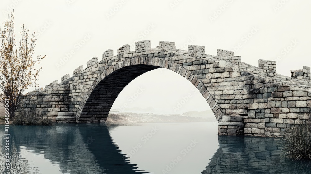 Fototapeta premium A clean and simple depiction of a medieval stone bridge, set against a plain sky to highlight its historic architecture and enduring design