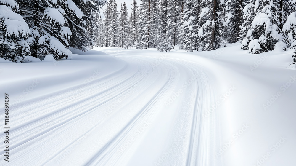 Fototapeta premium Snowy winter landscape with winding path through trees