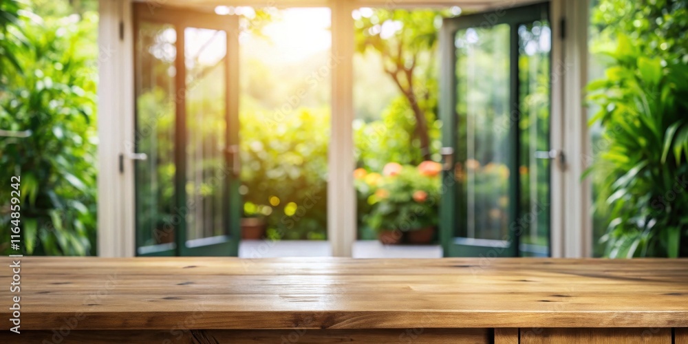 Fototapeta premium Sunlit Wooden Tabletop Against a Blurred Garden Background
