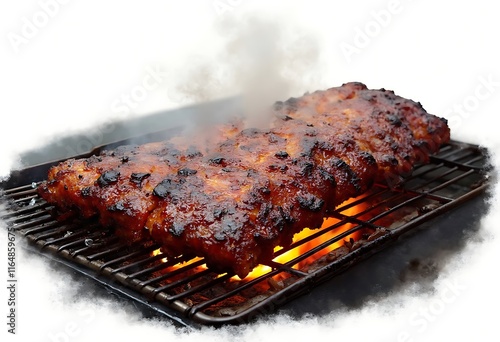 A barbecue pitmaster smoking pork ribs in a traditional smoker, with hickory wood chips smoldering and infusing the meat with rich flavor photo