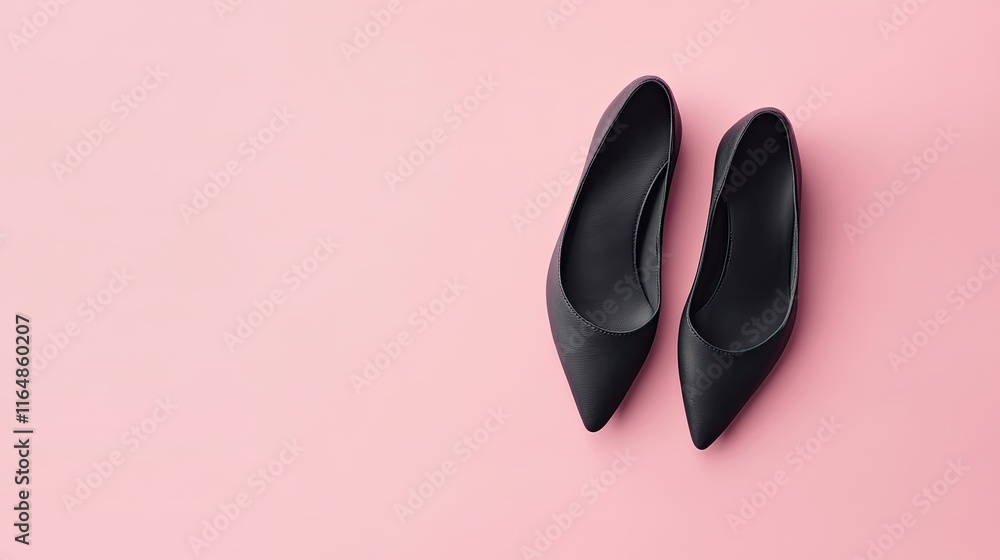 Minimalist black ballet flats with a pointed toe design, displayed on a soft pastel pink background. Minimalist black ballet flats with a pointed toe design, displayed on a soft pastel pink background.