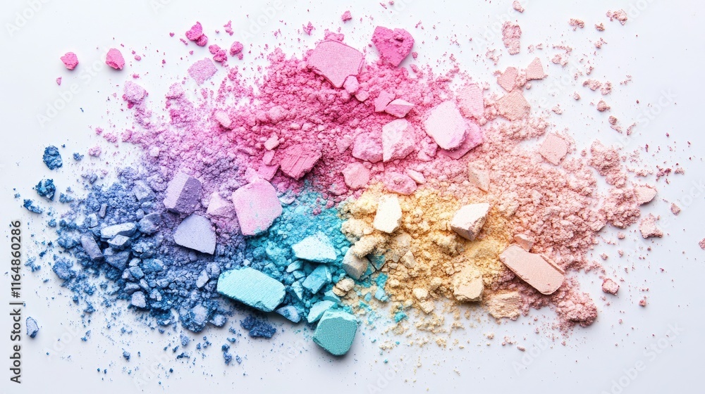 Fototapeta premium A colorful top-down view of broken eyeshadow powders in pastel and vivid hues, scattered artistically on a smooth white surface