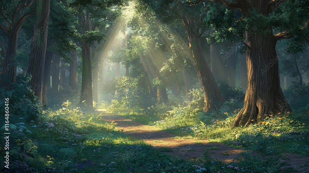 Sunbeams illuminate a path through a lush, mystical forest. Sunbeams illuminate a path through a lush, mystical forest.