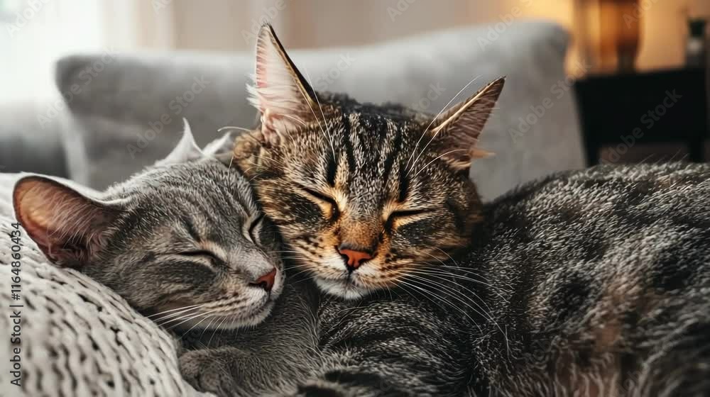 Two cats peacefully sleeping together on a cozy blanket. Two cats peacefully sleeping together on a cozy blanket.