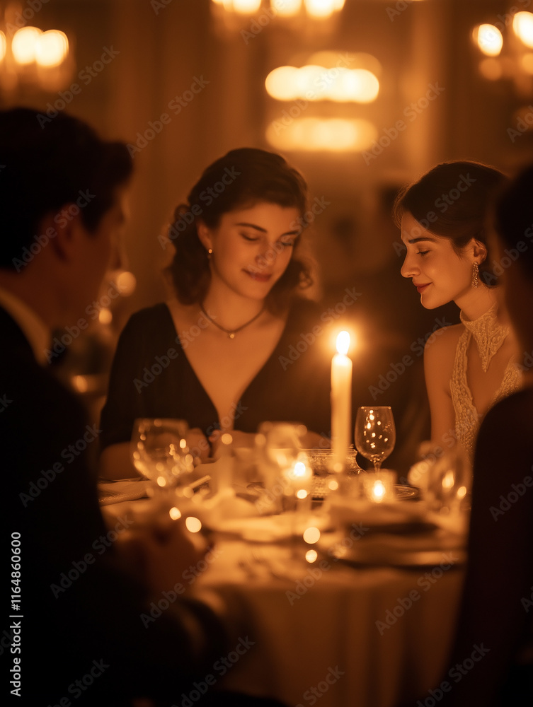 1920s candlelit dinner scene with elegant attire, sepia tones