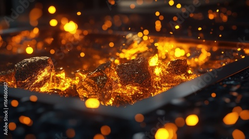 Molten gold being poured into casting molds, glowing brightly under controlled conditions in a modern facility.