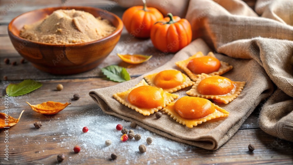 Autumnal Pumpkin Ravioli with Spice Accents on Rustic Wooden Surface Autumnal Pumpkin Ravioli with Spice Accents on Rustic Wooden Surface
