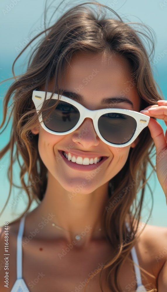 A cheerful young woman with long, wavy hair smiles brightly while adjusting her stylish white sunglasses against a stunning beach backdrop. Her radiant expression captures the essence of summer joy