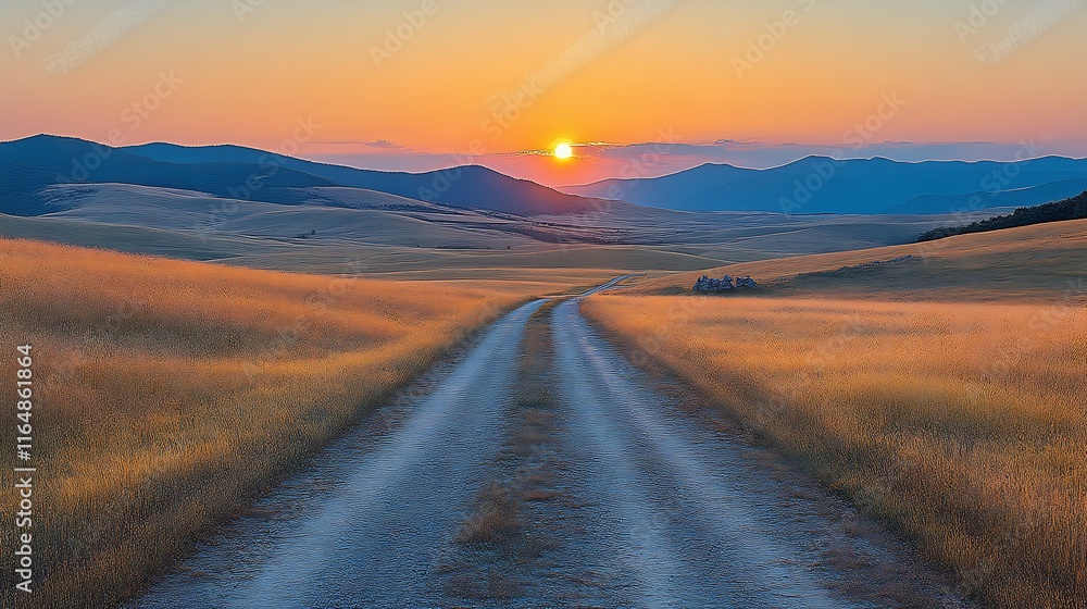 Sunset over vast golden field with dirt road. Sunset over vast golden field with dirt road.