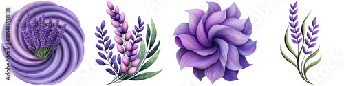 Watercolor lavender design and flower logo, A collection of stylized purple flowers featuring various shapes and petals, showcasing vibrant colors and intricate designs.