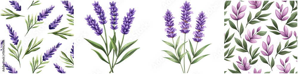 Fototapeta premium Watercolor lavender design and flower logo, Floral design featuring clusters of lavender and pink flowers with green leaves, showcasing vibrant colors and intricate detailing.