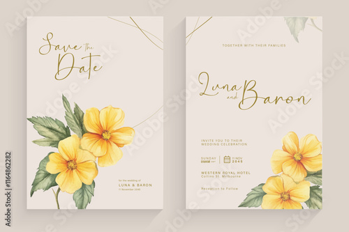 Double side modern wedding invitation template with yellow flower watercolor arrangement