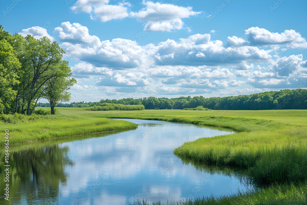 Peaceful Rural Landscape with Rolling Fields, River, and Trees under Blue Sky in Minimalist Flat Design Peaceful Rural Landscape with Rolling Fields, River, and Trees under Blue Sky in Minimalist Flat Design