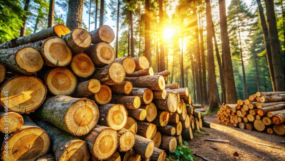 Sunlit Forest Logs Stacked in a Rustic Pile Sunlit Forest Logs Stacked in a Rustic Pile
