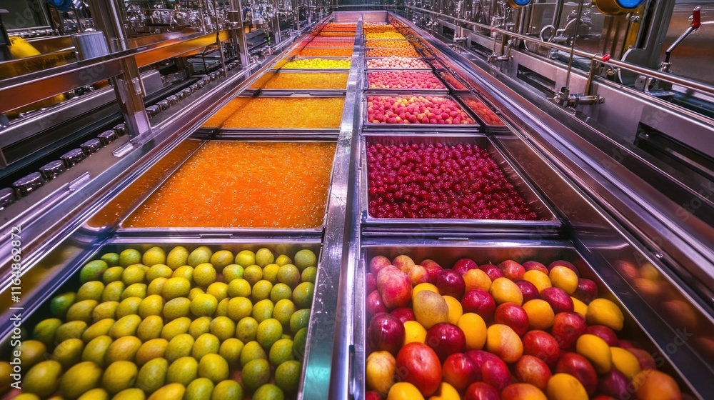 Rows of polished stainless steel machines blending fruit and sugar in perfect harmony for jam production. Rows of polished stainless steel machines blending fruit and sugar in perfect harmony for jam production.