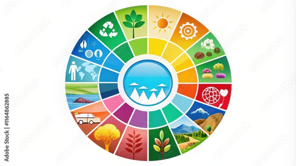 Colorful Circular Diagram Illustrating Global Sustainability Concepts and Environmental Themes Colorful Circular Diagram Illustrating Global Sustainability Concepts and Environmental Themes