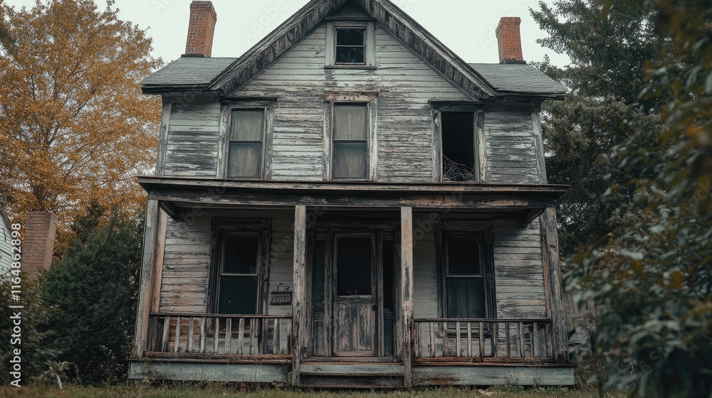 A haunting image of a weathered haunted house with eerie details, dark wood textures, set against a white background A haunting image of a weathered haunted house with eerie details, dark wood textures, set against a white background