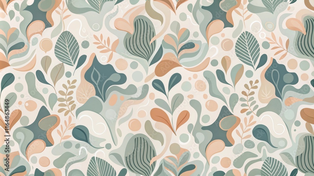 Abstract Botanical Print Seamless Pattern of Organic Shapes and Foliage in Muted Greens and Earthy Tones Abstract Botanical Print Seamless Pattern of Organic Shapes and Foliage in Muted Greens and Earthy Tones
