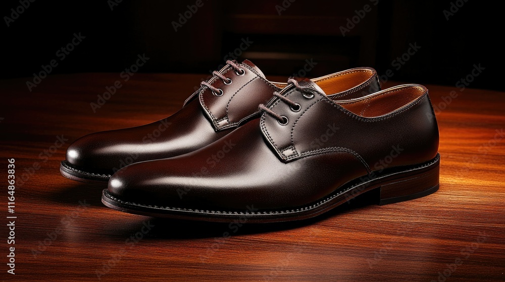 Sophisticated brown derby shoes with a matte finish, styled on a dark wood surface for a timeless appeal. Sophisticated brown derby shoes with a matte finish, styled on a dark wood surface for a timeless appeal.
