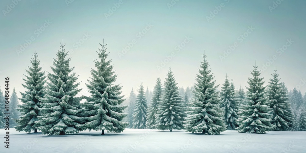 Fototapeta premium Serene Winter Landscape Featuring Majestic Snow-Covered Evergreen Trees in a Frosty Forest