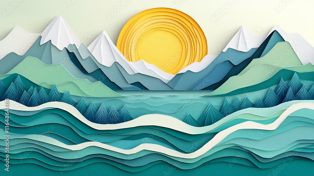 Paper art landscape of mountains, lake, and sunset. Paper art landscape of mountains, lake, and sunset.