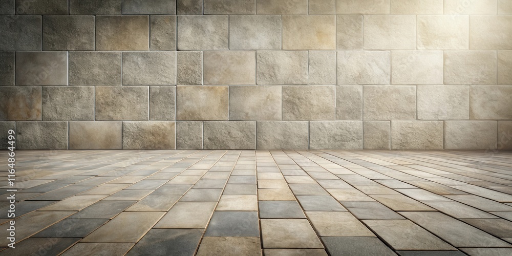 Fototapeta premium Empty Room with Stone Wall and Tile Floor Showing Textural Details