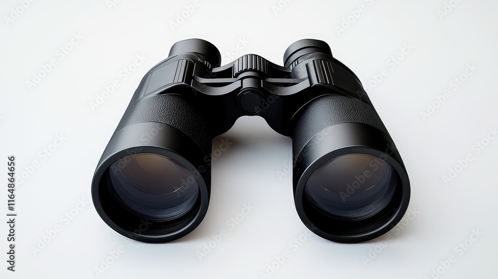 A pair of black binoculars with an ergonomic design and glossy lenses, centered on a white background, highlighting its sleek and modern look A pair of black binoculars with an ergonomic design and glossy lenses, centered on a white background, highlighting its sleek and modern look