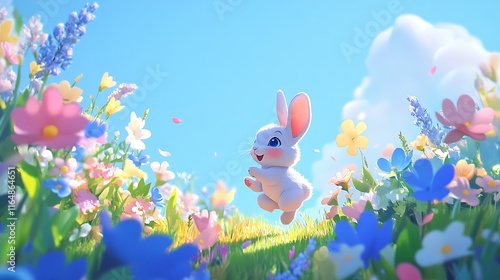 A playful bunny hopping across a field of pastel-colored flowers on a bright spring day with clear blue skies 
