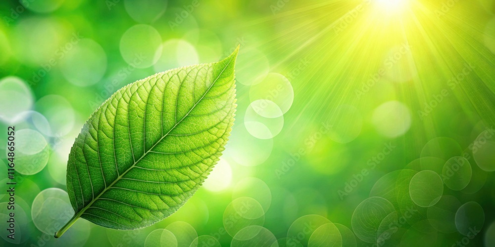 Naklejka premium A vibrant green leaf basking in sunlight, a symbol of nature's renewal and growth in a bokeh background.