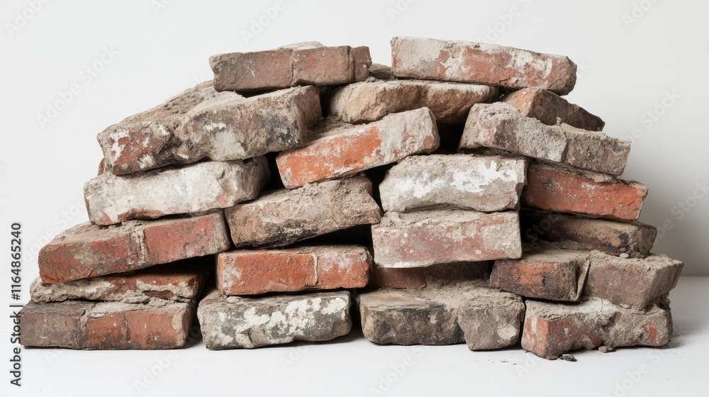 A pile of dirty, gritty bricks stacked unevenly with visible imperfections, placed against a clean white backdrop, showcasing a rugged, industrial texture A pile of dirty, gritty bricks stacked unevenly with visible imperfections, placed against a clean white backdrop, showcasing a rugged, industrial texture