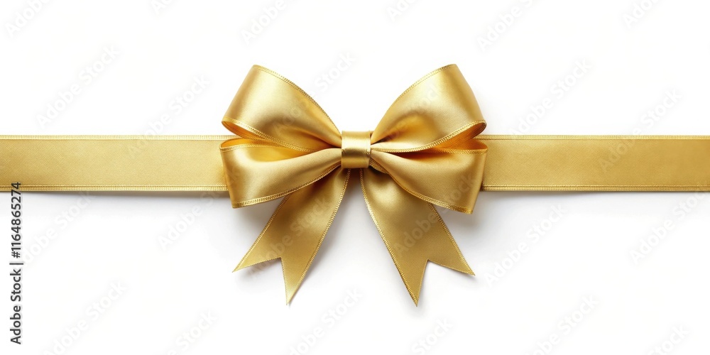 Fototapeta premium Elegant golden satin ribbon bow on white background, perfect for gift wrapping, invitations, or festive designs