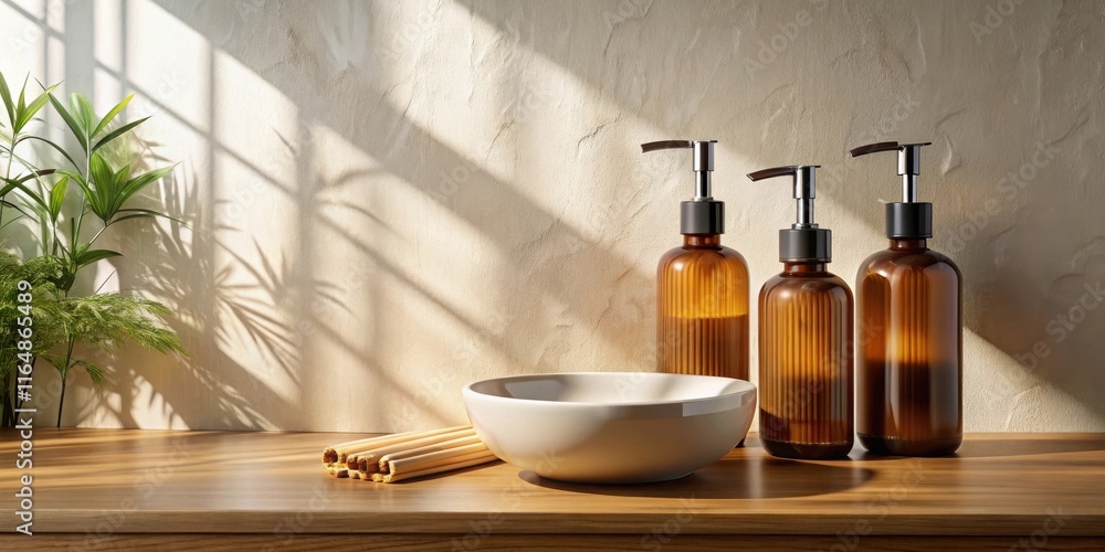 Serene Bathroom Still Life with Amber Dispensers and Plant Serene Bathroom Still Life with Amber Dispensers and Plant